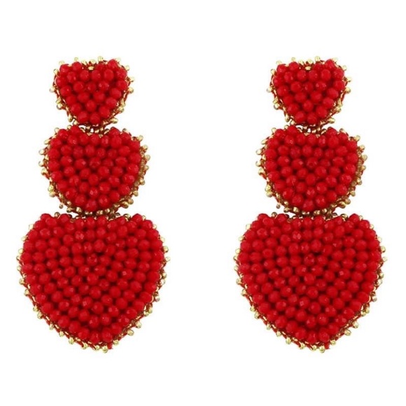Jewelry - Red Facet Beaded Tier Dangle Heart Earrings